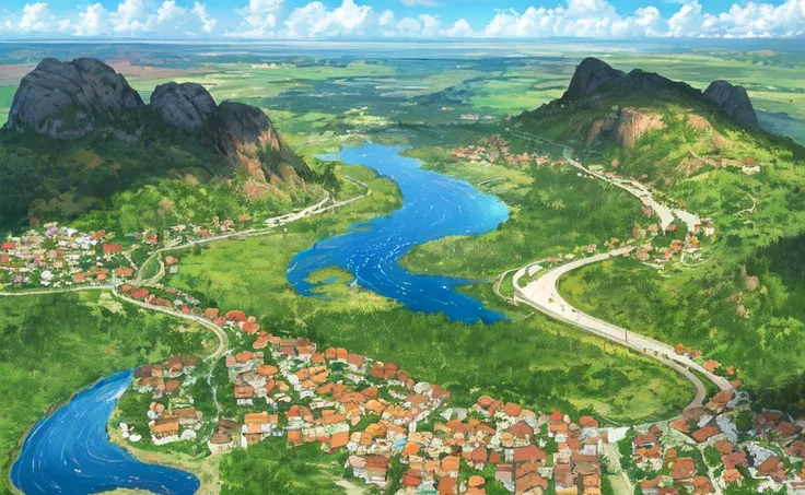 Concept art, no humans, village, rocks, water puddles, country side, road