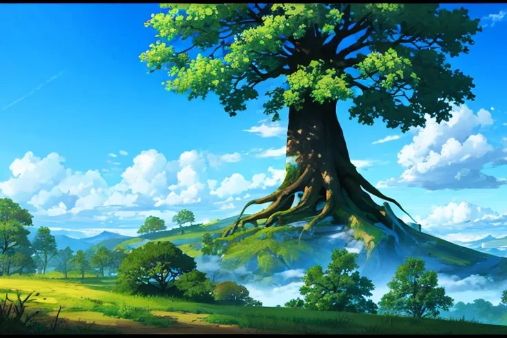 ConceptArt, no humans, scenery, day, tree, cloud, outdoors, nature, blue sky, fantasy forest