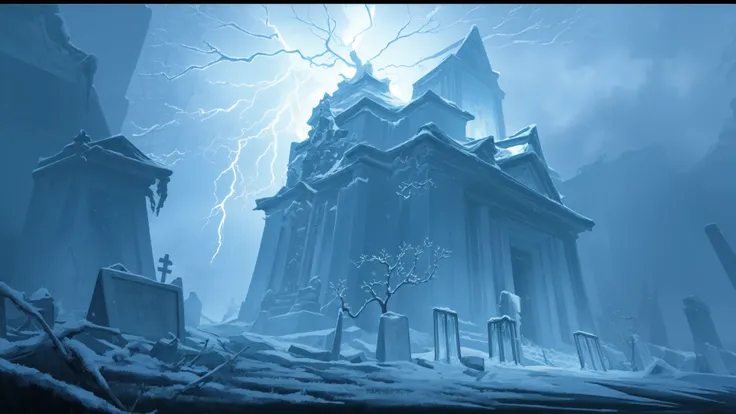 a cemetery at night, snow, snowing, (ice), icicles, frozen, chilling, chilled, ominous, horror, creepy, (lightning strike), (lightning), storm, cloudy sky, mist, fog, full moon, glowing, ominous aura Halo, scenery,, masterpiece, best quality, intricate detail, absurdres, chromatic aberration, depth of field, professional photography, soft lighting, tone mapped, highly detailed, sharp focus, dramatic lighting, intricate details, cinematic, 8K, incredible shadows, realistic, (highly detailed background:1.0)