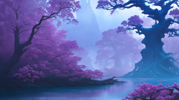 scenery, conceptart, a giant tree next to a river of purple water, blue sky, masterpiece, best quality, intricate detail, absurdres, chromatic aberration, depth of field, professional photography, soft lighting, tone mapped, highly detailed, sharp focus, dramatic lighting, intricate details, cinematic, 8K, incredible shadows, realistic, (highly detailed background:1.0)