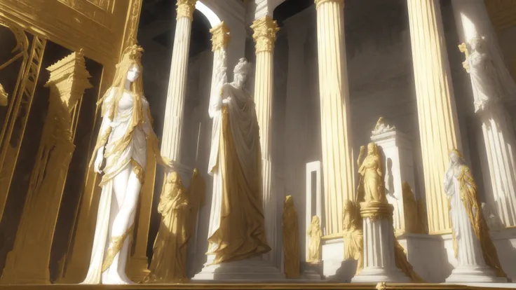 scenery, conceptart, a marble statue adorned in decorative (gold:0.8) jewelry, standing in the acropolis, masterpiece, best quality, intricate detail, absurdres, chromatic aberration, depth of field, professional photography, soft lighting, tone mapped, highly detailed, sharp focus, dramatic lighting, intricate details, cinematic, 8K, incredible shadows, realistic, (highly detailed background:1.0)