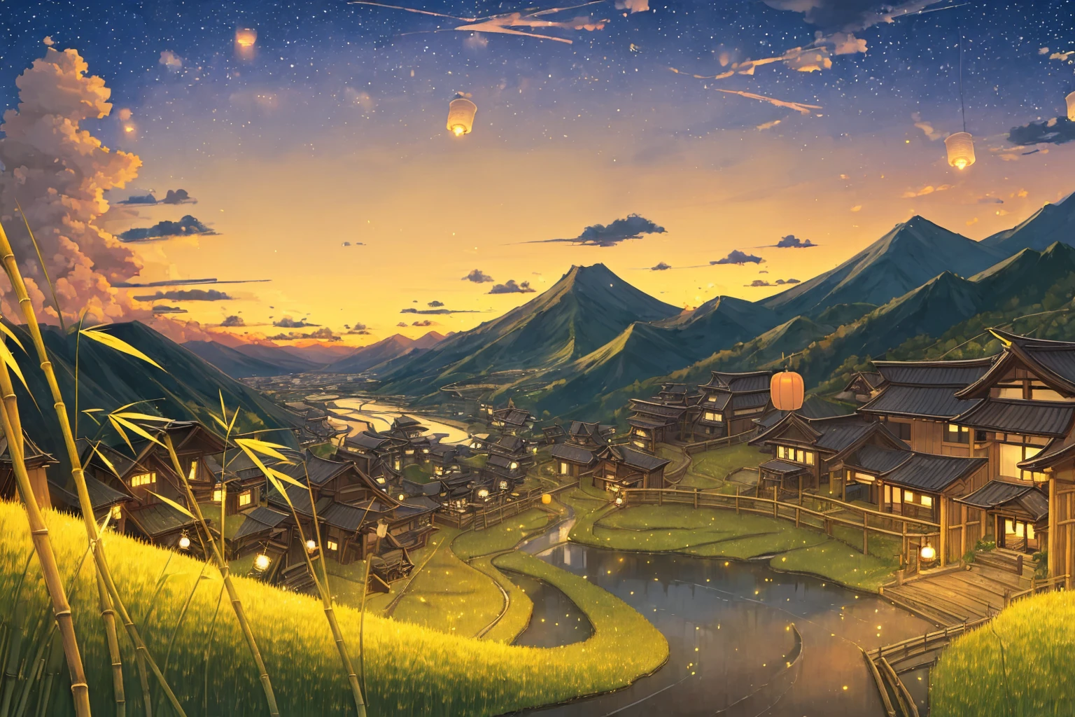 fireflies, lights, landscape, city cumulonimbus cloud, grass, evening, cloud, bamboo, road, no humans, sky, mountainous horizon, reflection, scenery, rice paddy, paper lantern, lantern, torii, sunset, vanishing point, star\(sky\),