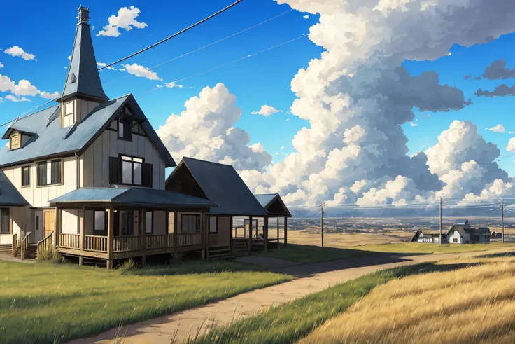 building, cumulonimbus cloud, day, dappled sunlight, cloudy sky, grass, bush, blue sky, cloud, mountainous horizon, path, power lines, plant, outdoors, rooftop, no humans, house, ocean, scenery, stairs, sky, sunlight, tree, utility pole, wall, window