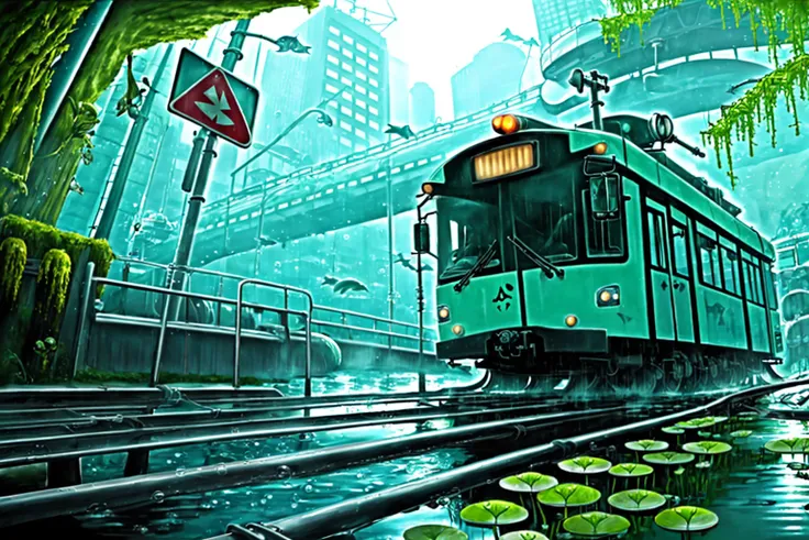 flood, underwater, crosswalk, industrial pipe, car, ground vehicle, bubble, air bubble, fish, cat, manta ray, railroad crossing, no entry sign, railroad tracks, moss, lily pad, motor vehicle, road sign, scenery, sign, streetcar, traffic light, wide shot