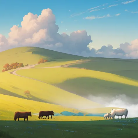 concept,fantasy,(best quality,masterpeace),(perfect composition), the golden ratio,
Rolling Hills: A stunning panorama of rolling green hills dotted with grazing animals, with a clear blue sky above and fluffy white clouds in the distance,
,hdr ,cinematic, trending on artstation,trending on CGSociety,immense details,