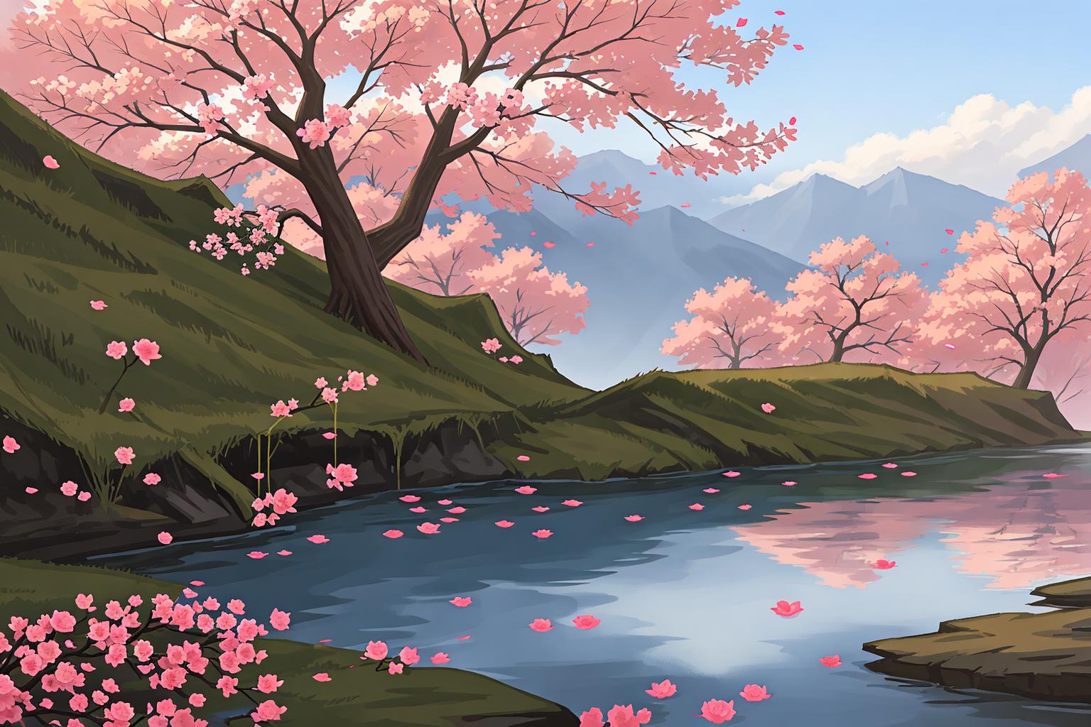 Painting of a river with pink flowers and trees in the background ...