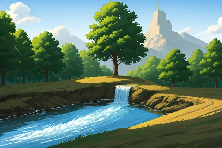 extremely detailed CG unity 8k wallpaper,(masterpiece),(best quality),(ultra detailed),(ultra realistic),(Best character details:1.2),dynamic angle,professional lighting, photon mapping, radiosity, physically-based rendering,blush,gufeng,chinese style,a river with a waterfall in the middle of it and trees around it and a building in the background, bare_tree, branch, bush, cloud, day, forest, grass, lake, light_rays, mountain, nature, no_humans, outdoors, path, plant, river, scenery, sky, sunbeam, sunlight, tree, tree_shade, water