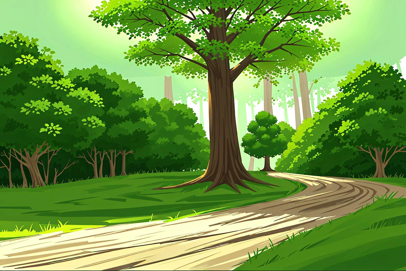extremely detailed CG unity 8k wallpaper,(masterpiece),(best quality),(ultra detailed),(ultra realistic),(Best character details:1.2),dynamic angle,professional lighting, photon mapping, radiosity, physically-based rendering,blush,gufeng,chinese style,a painting of a path through a forest with rocks and trees on either side of it and a green grass area on the other side, bush, day, field, foliage, forest, garden, grass, green_theme, jungle, leaf, moss, nature, no_humans, outdoors, path, plant, road, rock, scenery, tree, tree_stump