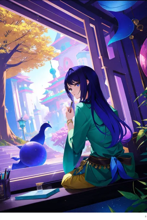 1girl, masterpiece Digital art, majestic, over the shoulder shot of a Thought-Provoking [Harsh:Gorgeous:10] traditional [Somali:wabi-sabi:4] ([Guava:Baobab:1]:1.3) , it is with Violet accessories, it is anthropomorphic reimagined as a Grand Theft Auto game character, behance, Beehive background, Olive city street and Celestial body in background, at Blue hour, horizon-centered, Graphic novel, Fairy-Tale, Art Photography, Beautifully Lit, 50mm, Monochromatic dark green filter, arcane, sunbeam, photolab, wallpaper