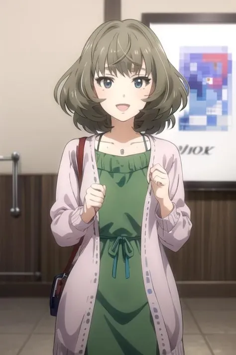 (((pixel-perfect, detail-perfect))), solo, 1girl, <lora:kaede-idolmaster-01:0.7>, kaede takagaki, dress, cardigan, jewelry, smile, :d, looking at viewer
