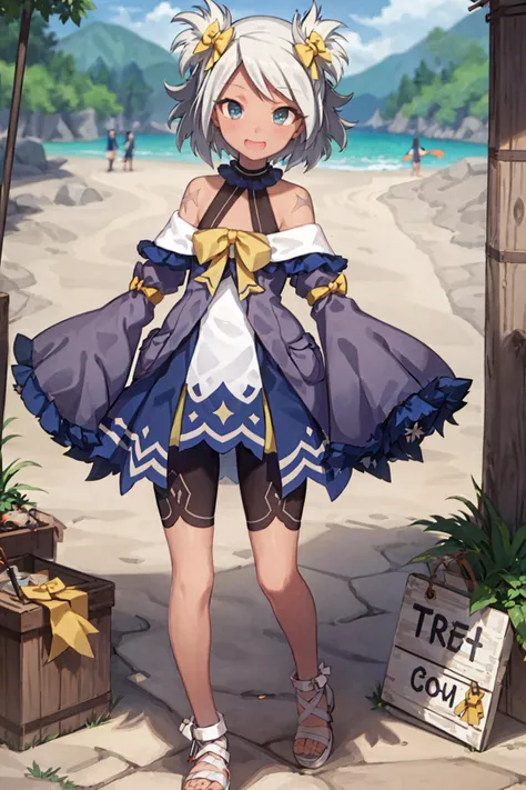 blush, outdoor, daytime, simple background, blue sky, rippled hair, sky, looking at the audience, loli, very cute expression, small short legs, avatar, toes, high-quality panties,