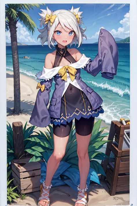 standing, beach, sunshine,
amamo, bare_shoulders, bike shorts, bow, detouched_collar, dress, frilled_dress, frilled_sleeves, halterneck, long_sleeves, off_shoulder, purple dress, sandals, shoes, skirt, sleeves_past_fingers, sleeves_past_wrists, wide_sleeves, hair_bow, yellow_bow, yellow_bowtie, white_footwear, cross_scar, scar_on_shoulder,
<lyco:gomaotsu-amamo-t1:0.7>