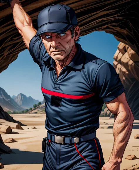 digital illustration, solo, face, harrison ford  wearing a spf1uniform, spf1poloshirt,  with a indiana jones's hat, in a cave, dynamic pose,looking at viewer , highly detailed, sharp focus, cinematic, 8k uhd, high quality, <lora:add_detail:1>, holding a whip <lyco:loha_spf1:1>