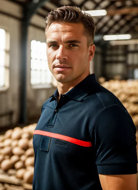 raw photo, upper body portrait of a man wearing spf1uniform, spf1poloshirt, dynamic pose, in a intricated old wharehouse, dramatic ambiant, cinematic, high quality, detailed, skin pores, cinematic shot, dramatic lighting, <lyco:loha_spf1:1>