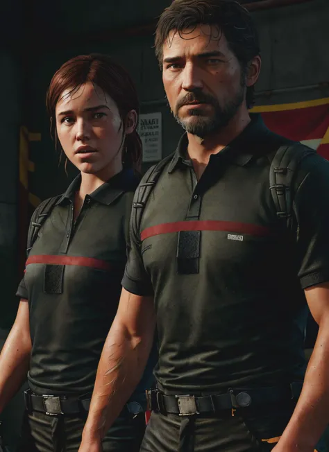 Last of Us : Ellie and joel wearing spf1uniform, spf1poloshirt, spf1pants, red stripe on chest, high quality, detailed, skin pores, cinematic shot, dramatic lighting, dynamic pose <lyco:loha_spf1:1>