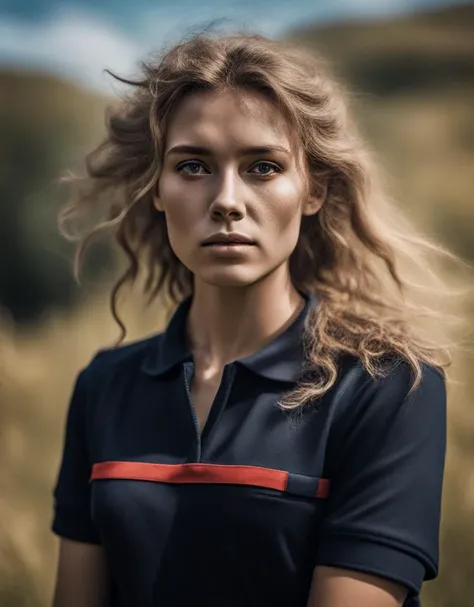 raw photo of a young woman, messy hair, wearing a spf1uniform, spf1polo, (dynamic pose), on a flowery hill, daylight, dynamic shadow, bokeh, sharp focus, by lee jeffries, nikon d850, rich colors ,hyper realistic ,lifelike texture