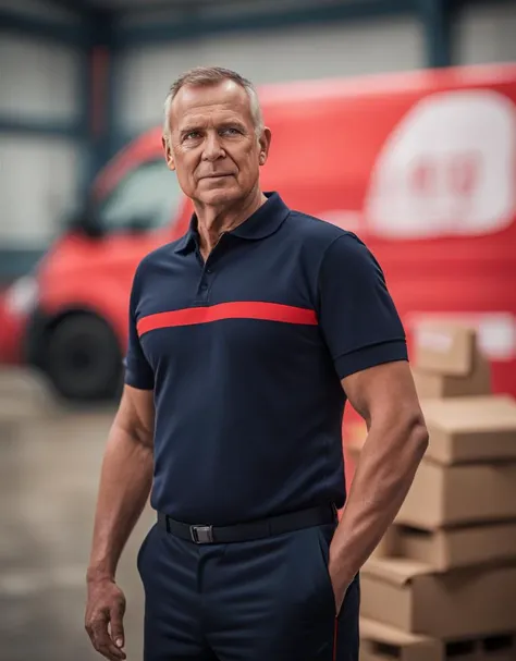 raw photo of a man wearing a spf1uniform, spf1polo, polo shirt, (dynamic pose) in a wharehouse, bokeh, looking at viewer, sharp focus,  cinematic, high contrast, red car at background