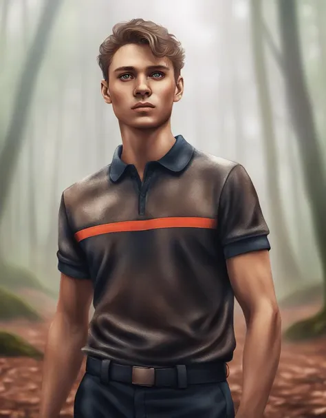 Digital art illustration, 2D, watercolor, a young man wearing a spf1uniform, spf1polo, (dynamic pose), brown hair, in a intricated forest, rainy day, bokeh, looking at viewer, sharp focus