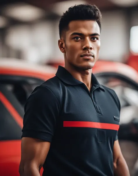 raw photo of a young black hair athletic man wearing a spf1uniform, (dynamic pose) in a wharehouse, bokeh, looking at viewer, sharp focus,  cinematic, high contrast, red car at background