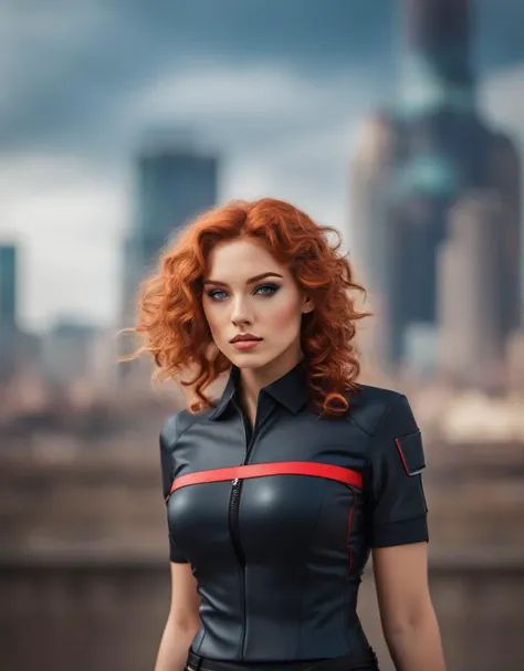 beautiful cyborg girl, curly red hairs blown by the wind, drone with lights flying near, hyper realistic, shiny steel mini corset (spf1uniform:1.15), metalic spf1polo, hyper detailed, dark city on background, sharp focus, studio photo, intricate details