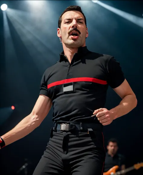 Raw photo, (Freddie Mercury) singing in a concert scene, dynamic pose, wearing a (spf1uniform:1.1), spf1poloshirt, spf1pants, looking at viewer , highly detailed, sharp focus, highly detailed, sharp focus, cinematic, natural skin, 8k uhd, high quality, film grain, Fujifilm XT3 <lyco:loha_spf1:1>