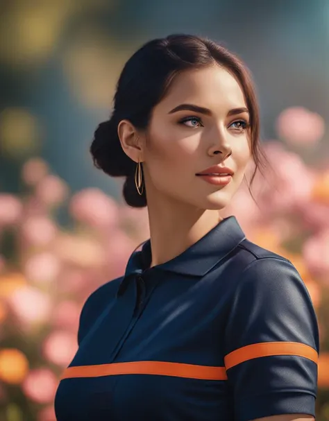 (2d:1.2) illustration of a young woman wearing a spf1uniform, spf1polo, (dynamic pose), on a flowery french garden, sunrise, dynamic shadow, bokeh, sharp focus, rich colors ,hyper realistic, lifelike texture