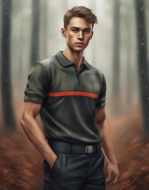 Digital art illustration, 2D, watercolor, a young man wearing a spf1uniform, spf1polo, (dynamic pose), brown hair, in a intricated forest, rainy day, bokeh, looking at viewer, sharp focus