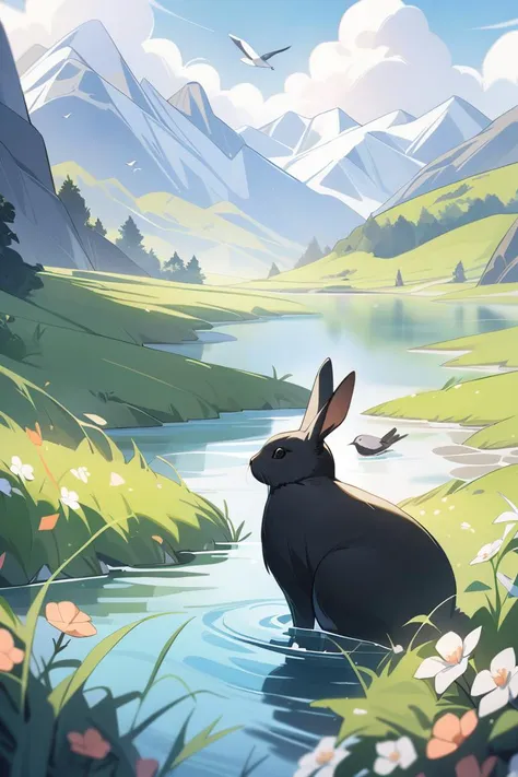 no humans, beautiful landscape, birds, flowers, mountains, tall grass, black rabbits, water, masterpiece, best quality