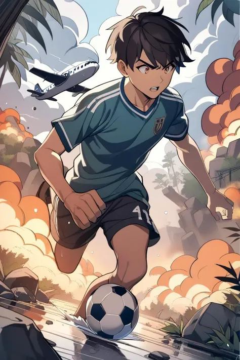 ((1boy, short hair, playing soccer, jungle)), branches, difficult, struggling, puddle, cloudy, fire, explosions, stormy, obstacles, rocks, plane crash, masterpiece, best quality