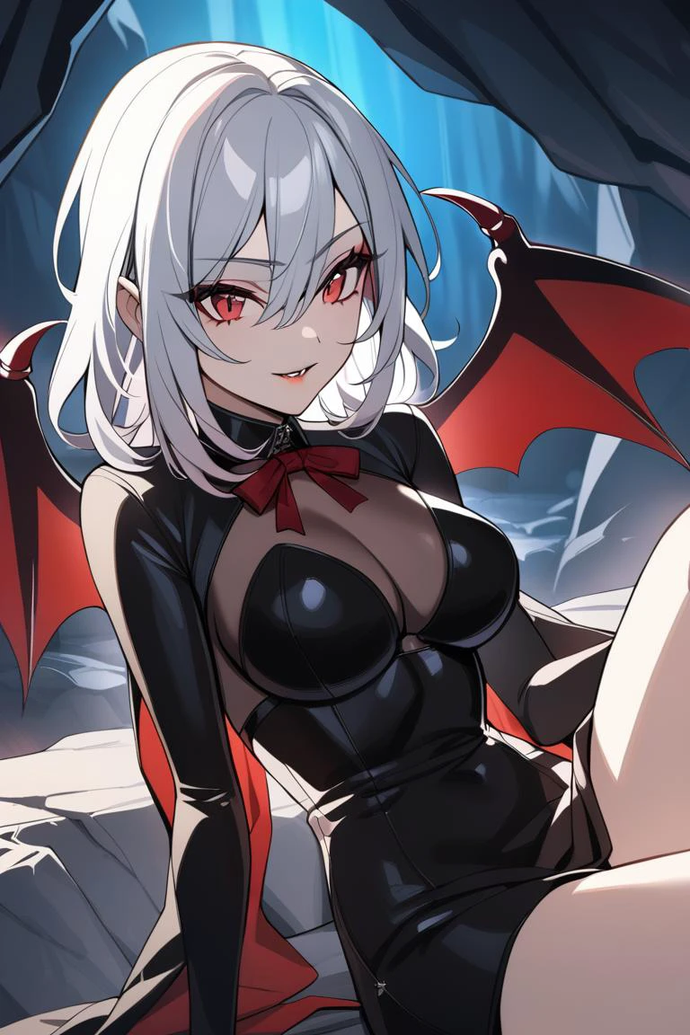 1girl, vampire girl, wings, cave, white hair, black dress, skin tight, sitting, medium hair, masterpiece, best quality