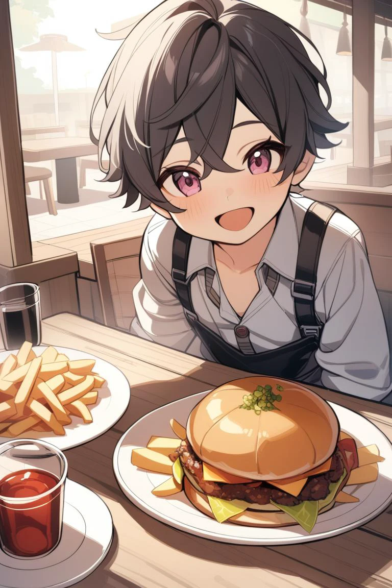 1boy, happy, rustic restaurant, plate, table, fries, masterpiece, best quality