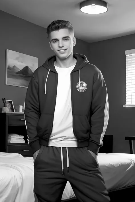 32K, Masterpiece, cinematic lighting, ((monochrome)), perfect shading, art station enhanced, visually arresting photograph of <lora:sc_jess:1> sc_jess, male focus, short hair, smile, closed mouth, sweatpants, sweatshirt with hood, standing, porn set background, hands in pockets, close up, bed, window, ceiling light, painting, (((SFW))),