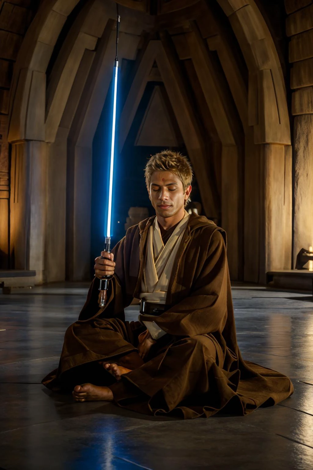 (Jedi temple), (sitting Indian style:1.5), JackHarrer in jedioutfit, eyes closed, (meditating), (((full body portrait))), (wide angle) <lora:JackHarrer:0.8> <lora:jedioutfit:0.7> <lora:starwars:0.5> <lora:jedi:0.25>