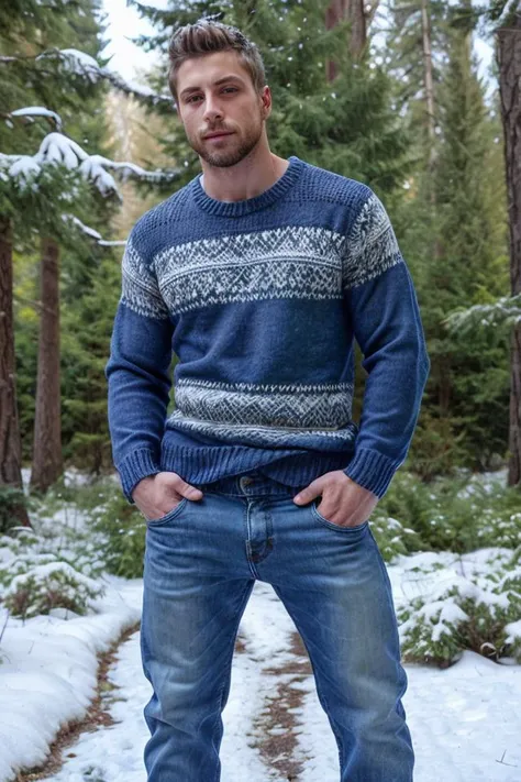 <lora:JackHarrer:0.8> JackHarrer, facial hair, wearing a sweater and jeans, hands in pockets, in the woods, leaning against a tree, snow