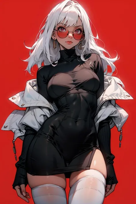 (masterpiece, best quality), absurdes, woman, white hair, sunglasses, white thighhighs, red background, <lora:GoodHands-beta2:1>