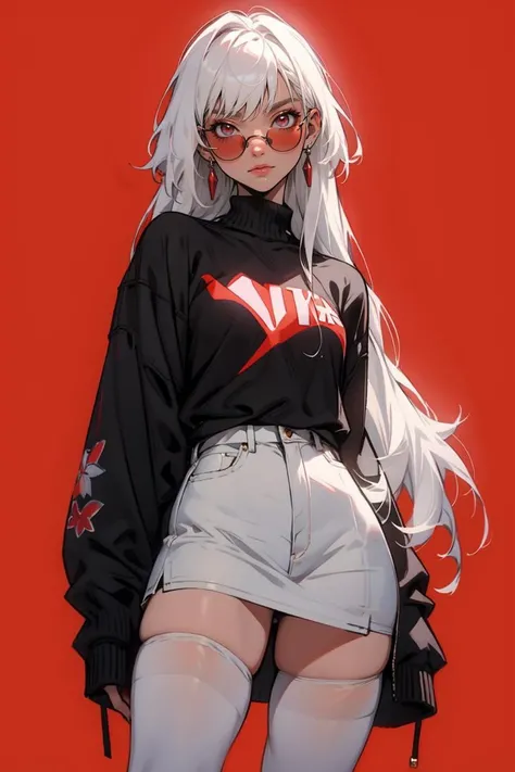 (masterpiece, best quality), absurdes, woman, white hair, sunglasses, white thighhighs, red background, <lora:GoodHands-beta2:1>