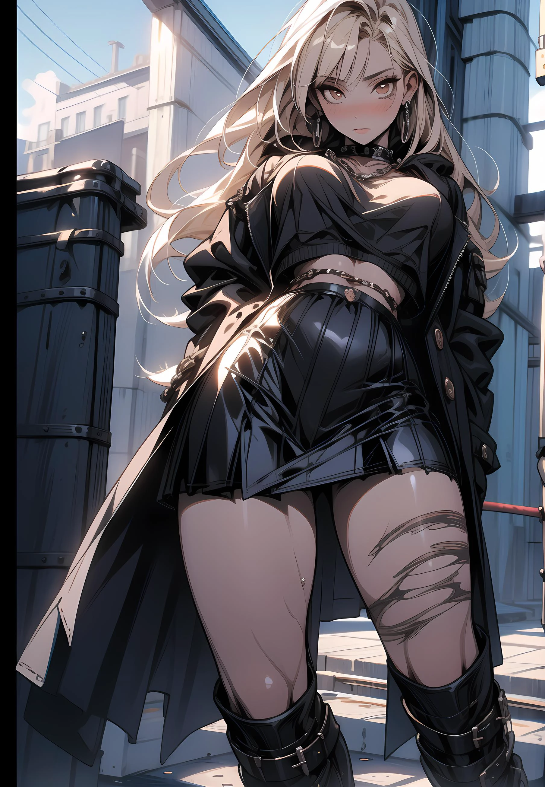 (masterpiece, best quality, hires, high resolution:1.2), (extremely detailed, realistic, intricate details, highres), shiny skin, perfect hands, eyeliner, eyeshadow, eyelashes, (cinematic lighting, sunlight, volumetric), <lora:oil2.0_2-512-64:0.5>, <lora:add_detail:0.5>, 1 girl, slim girl, gothic, shy, pale skin, mini skirt, leather boot, chains, jewelry, ripped oversized hoodie, long blonde hair, brown eyes, full body, standing, <lora:nijipretty_20230624235607:0.8>, surrounded by a school