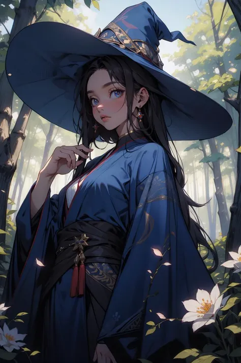 masterpiece, trending on artstation, 8k wallpaper, 8k, intricate details, absurdes, highest quality, wizard surrounded by cherry trees, extreme beauty, beautiful, leaves and flowers surrounding, forest, garden, dynamic shot, dynamic angle, natural pose, blue robe, wizard hat,