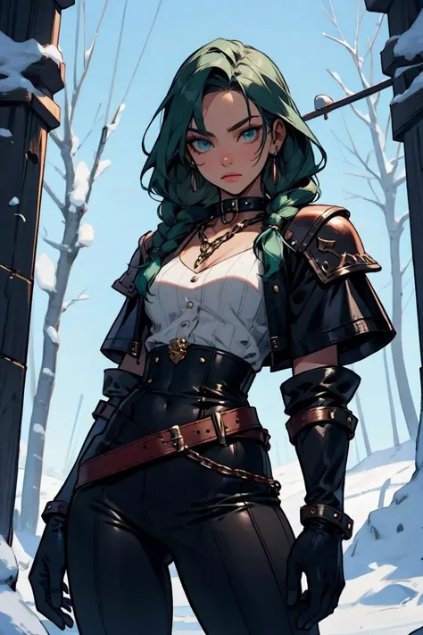 1woman, warrior, dark green hair, viking, belts, collars, face tatto, winter outfit, leather gauntlets, chains, low twin braids,