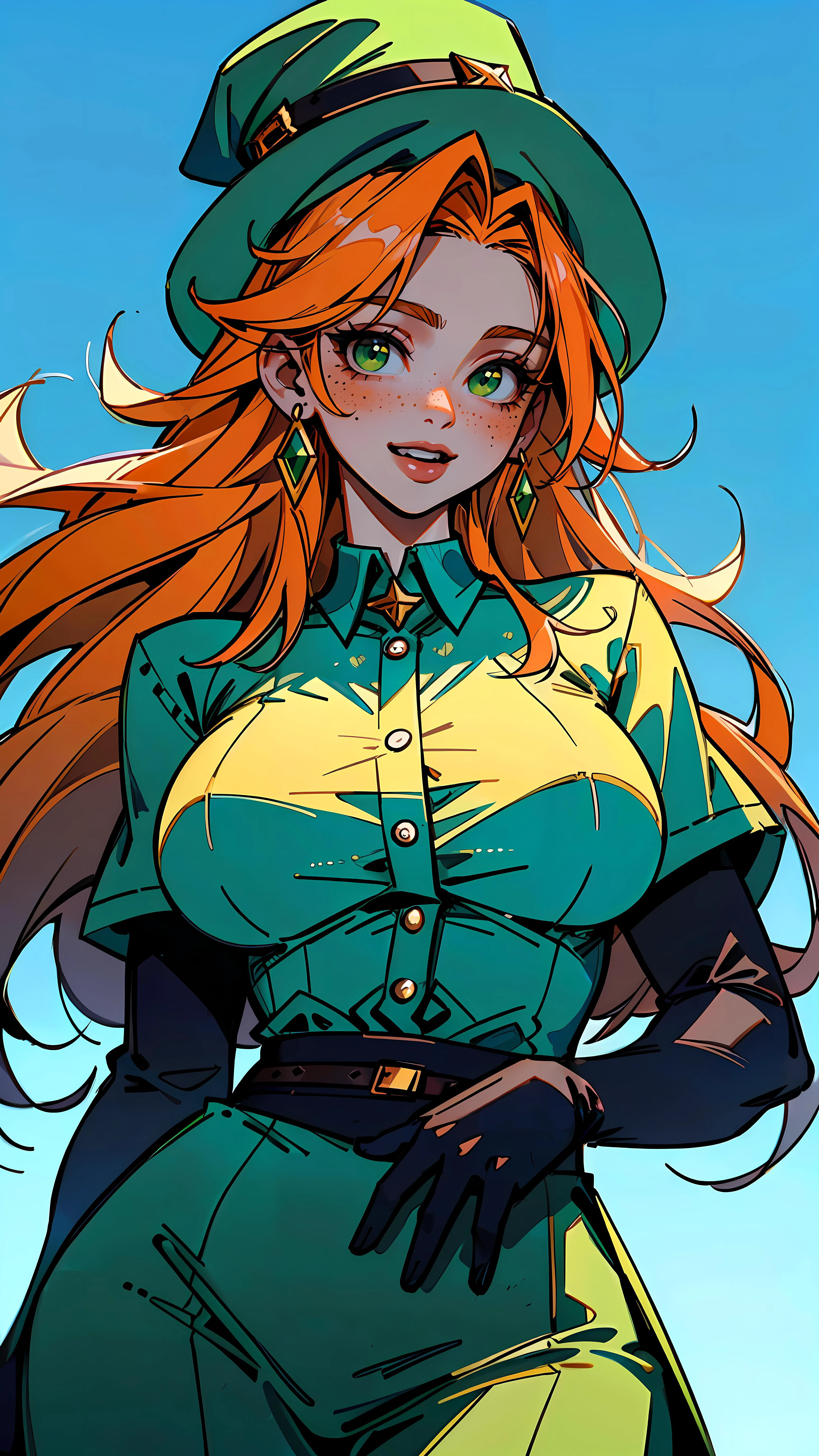 1 woman, standing , whole body, green top hat, clover print, green footwear, beautiful green crochet corset dress, white sleeve puffs, standing pose hands on waist , beautiful elegant beauty, thick eye brows, green eyes, long flowy orange hair, beautiful freckles, Green hue, dynamic lighting, (saint patric's day:1.1)
