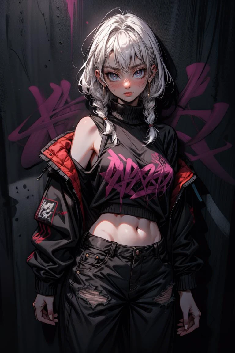 (masterpiece, best quality), absurdes, woman, white hair, braids, pants, black top, short jacket, (astraaligraffiti, graffiti wall:1.1) <lora:GoodHands-beta2:1> <lora:add_detail:1> <lora:Astraali_GRAFFITI:1>