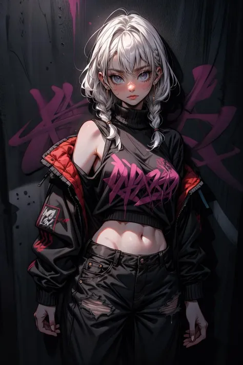 (masterpiece, best quality), absurdes, woman, white hair, braids, pants, black top, short jacket, (astraaligraffiti, graffiti wall:1.1) <lora:GoodHands-beta2:1> <lora:add_detail:1>  <lora:Astraali_GRAFFITI:1>