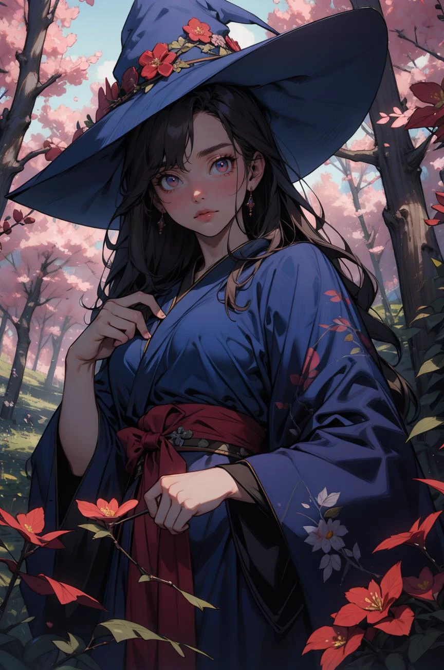 masterpiece, trending on artstation, 8k wallpaper, 8k, intricate details, absurdes, highest quality, wizard surrounded by cherry trees, extreme beauty, beautiful, leaves and flowers surrounding, forest, garden, dynamic shot, dynamic angle, natural pose, blue robe, wizard hat,