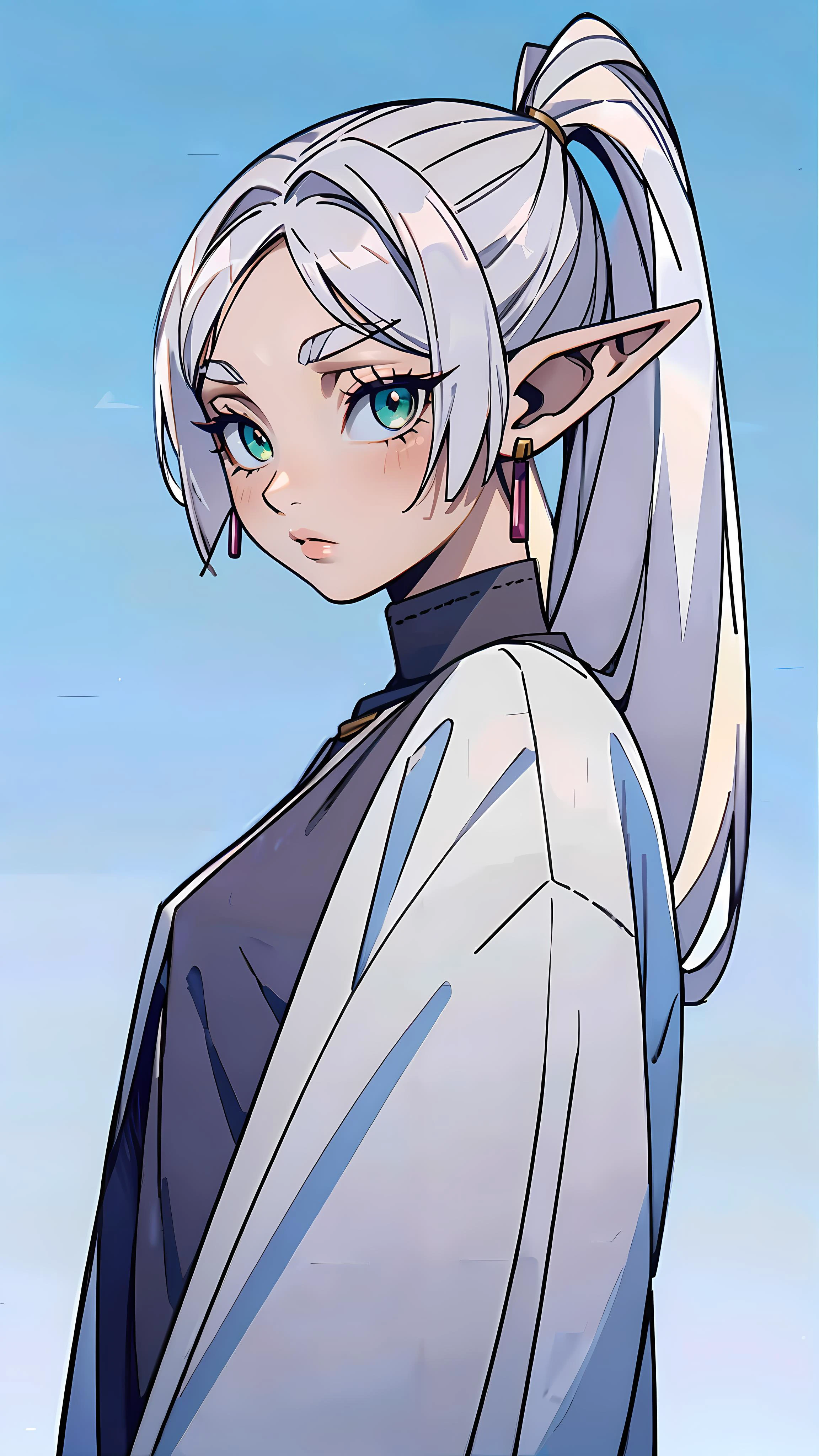 1woman, <lora:èèè®1Ve:0.8> 1girl, solo, elf, white hair, grey hair, earrings, pointy ears, long hair, ponytail, green eyes, twintails, parted bangs, thick eyebrows