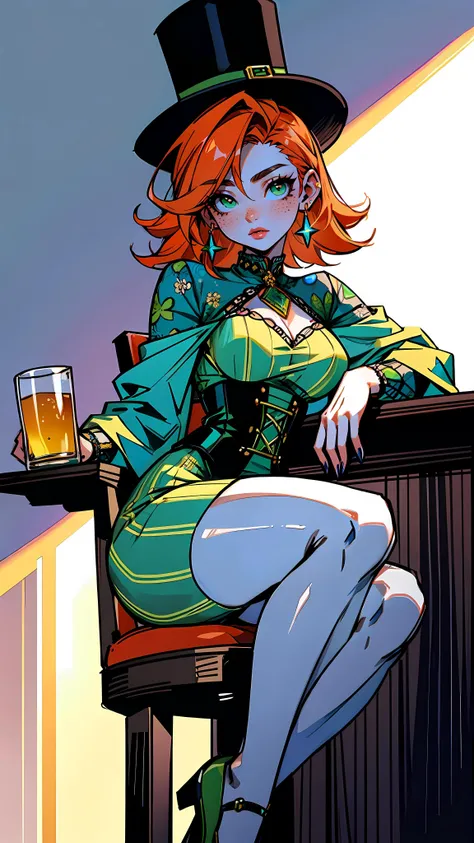 1 woman, central composition, (saint Patrick's day:1.1), holding a beer, sitting on a chair at a tavern, green top hat, clover print, green footwear, beautiful green crochet corset dress, white sleeve puffs, beautiful elegant beauty, beautiful fantasy Celtic tavern, tavern, beautiful lights, thick eye brows, green eyes, long flowy orange hair, beautiful freckles, cinematic volumetric lights, dynamic lighting,