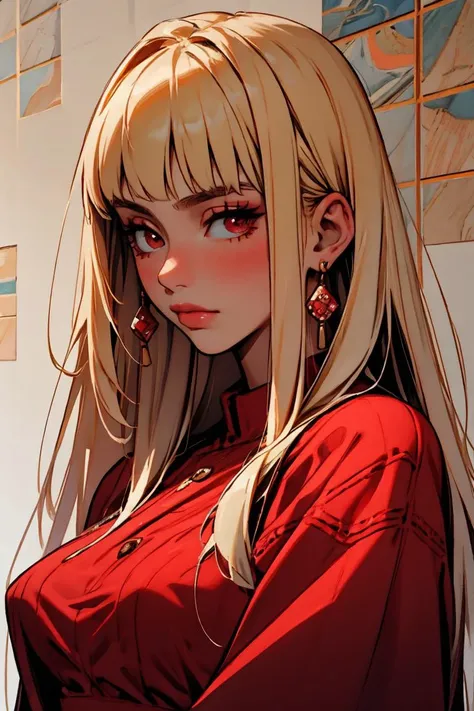 ((masterpiece, high quality, best quality, 8k, wallpaper, detailed)), 1girl, korean popstar, skinny, pretty hands, blonde hair, long hair, closed mouth, earrings, jewelry, looking at viewer, solo, <lora:rom99-000003:0.9>, blunt bangs, upper body, red dress, makeup