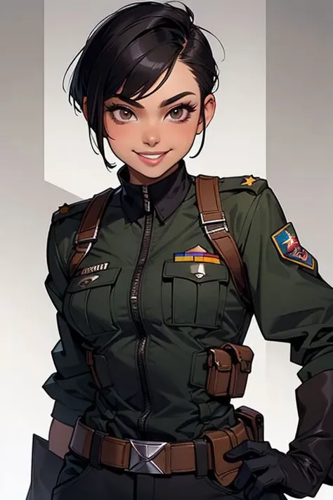 spiky bald hairstyle, short hair, mexican skin, gloves, uniform military, 1girl ,dark black hair, ((hair cut super short,)), soft Brown eyes, smile lips,