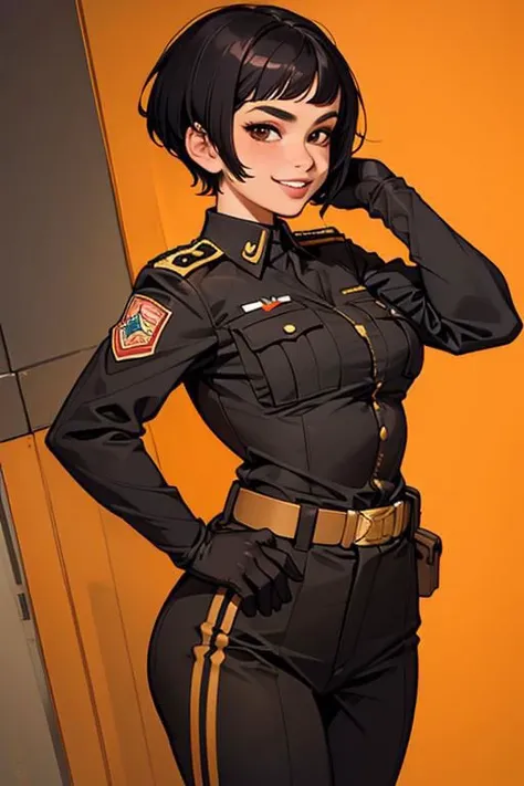 spiky bald hairstyle, short hair, mexican skin, gloves, uniform military, 1girl ,dark black hair, ((hair cut super short,)), soft Brown eyes, smile lips,