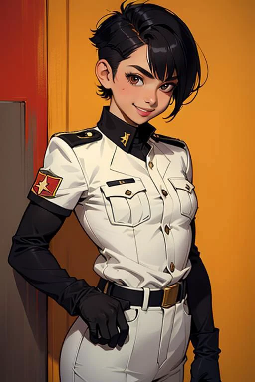 spiky bald hairstyle, short hair, mexican skin, gloves, uniform military, 1girl ,dark black hair, ((hair cut super short,)), soft Brown eyes, smile lips,