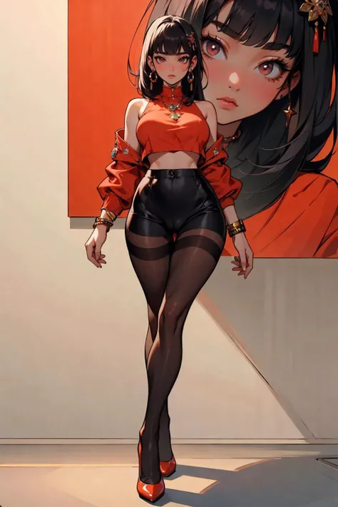 ((masterpiece, high quality, best quality, 8k, wallpaper, detailed)), 1girl, korean popstar, thighhighs, pantyhose, high heels, crop top, long legs, skinny, underboob, black hair, pretty hands, cameltoe, fringe, full body, looking at viewer, hair ornament, jewelry, closed mouth, (masterpiece:1.2),(best quality:1.2),